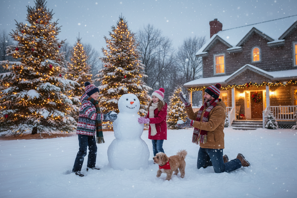 Family and kids playing snowy chirstmas