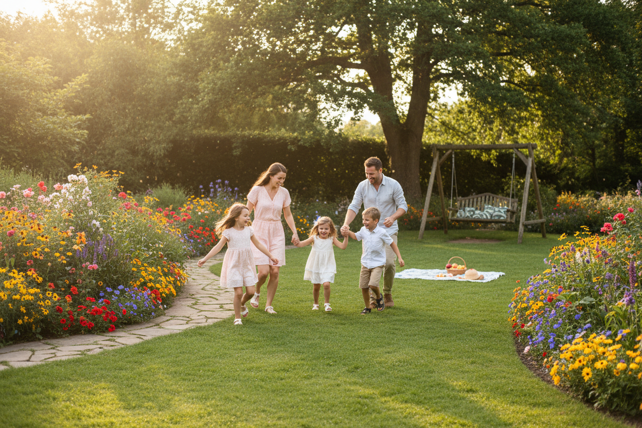 Happy family playing in their garden